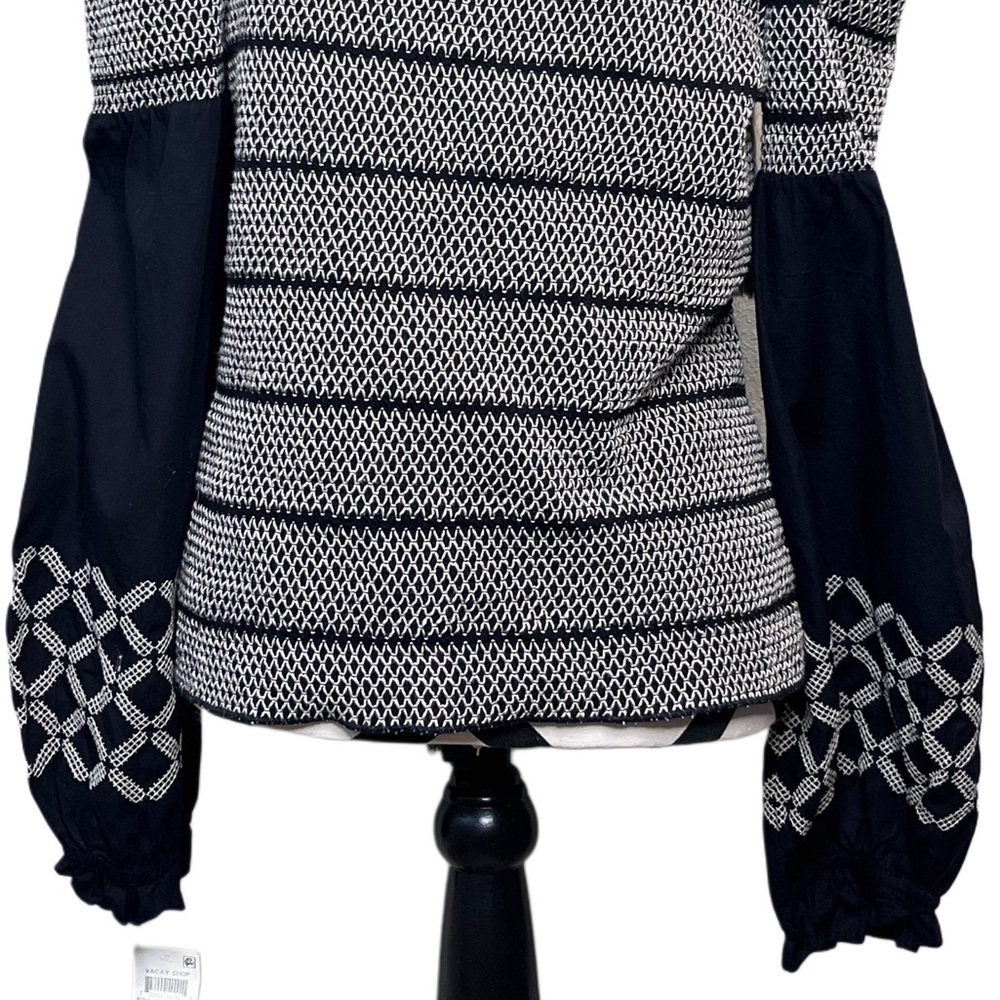NWT INC Boho Sz XL Embroidered Puff-Sleeve Tassel Off Shoulder Smocked Blouse - Picture 6 of 14